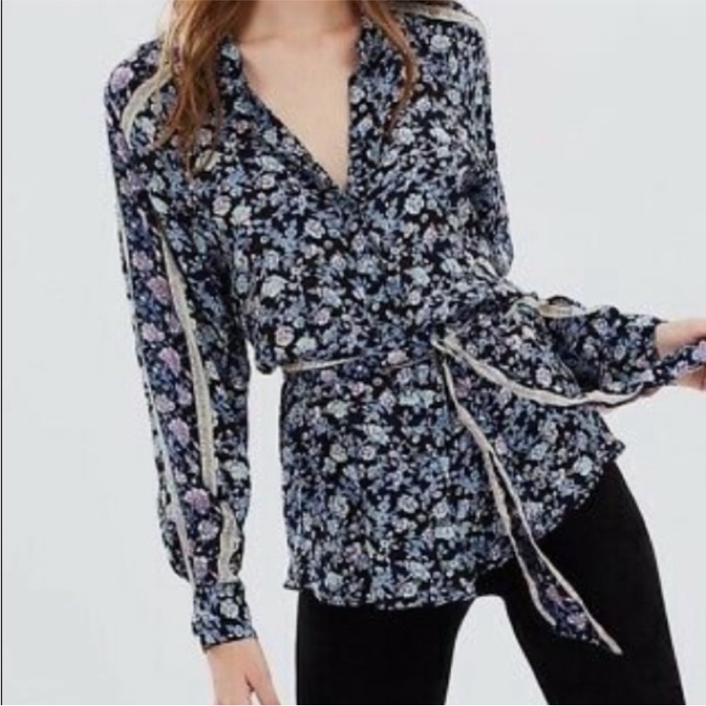 Free People Skyway Floral Drive in Boho Blouse Sash Tie Belt Black Blue Small - Picture 15 of 15